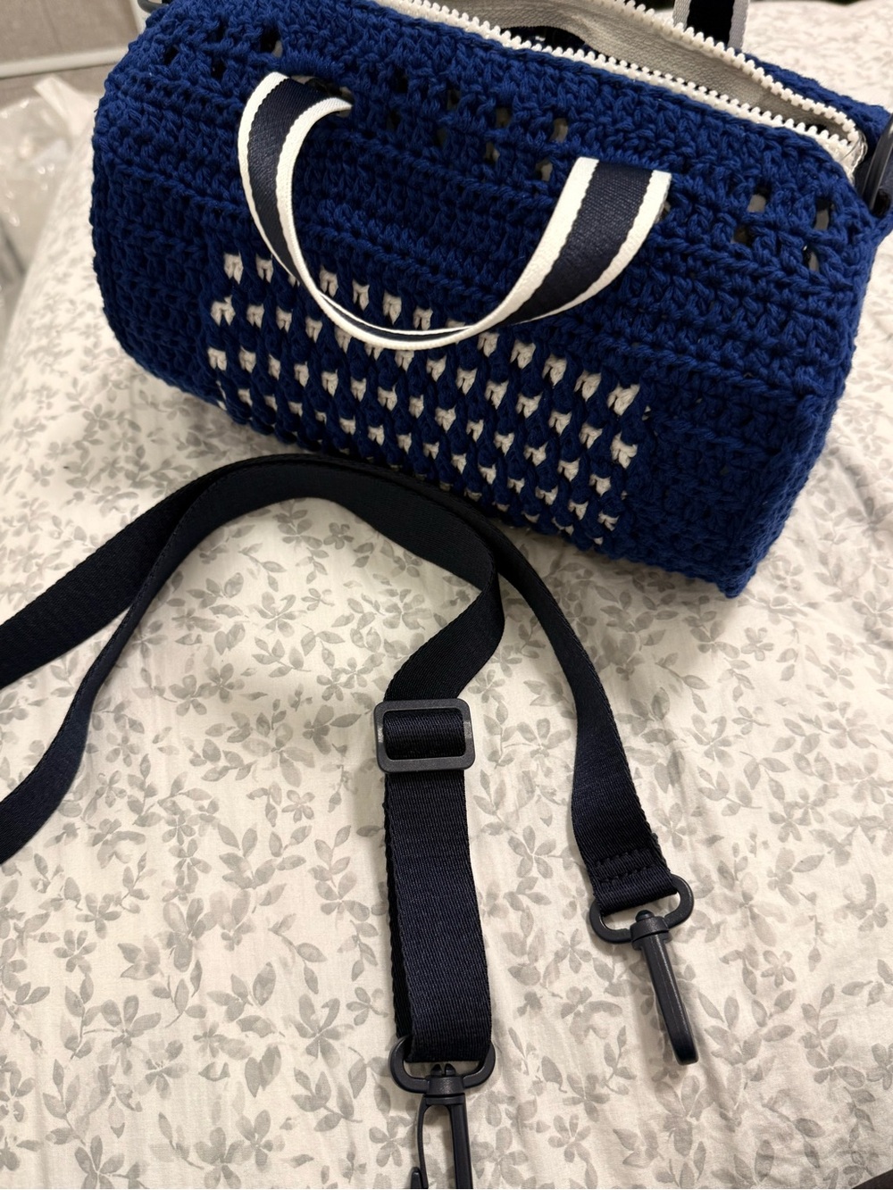 Navy Crochet Crossbody Bag with Contrast Stitching Handmade